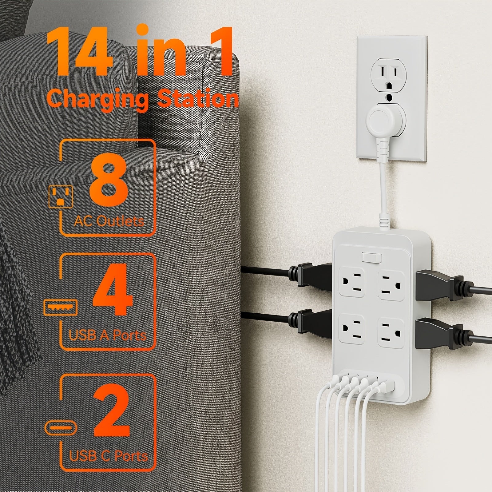Power Strip Outlet Extender Surge Protector 8 AC Outlets 6 USB Charging Ports 4 USB-A 2 USB-C 3 Inch Short Cord Desk Charging Station for Home Dorm Office Travel White Black