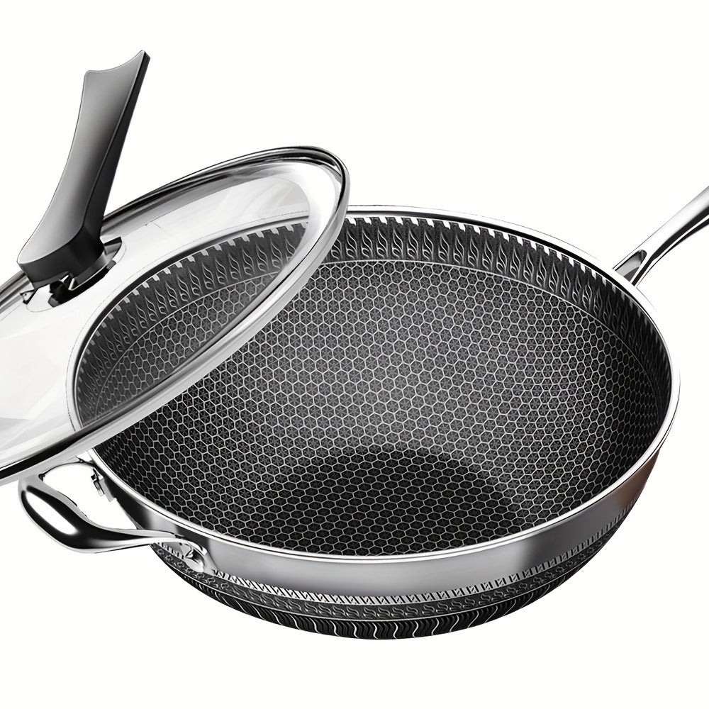 Stainless Steel Wok Set 13.3 Inch Non-stick Honeycomb Design with Lid & 2 Cookware Accessories ¨C Induction Compatible Cooking Pan for Electric Ceramic Gas Stove, Dishwasher Safe
