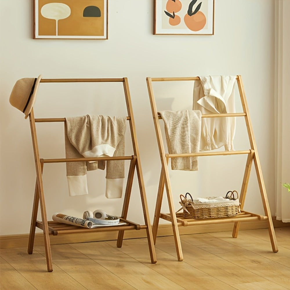 Bamboo Drying Rack 3 Tier Foldable with Storage Box - Space Saving Freestanding Clothes Hanger for Apartment, Bedroom, Bathroom & Balcony, Compact Laundry Rack for Small Spaces | Natural Burlywood