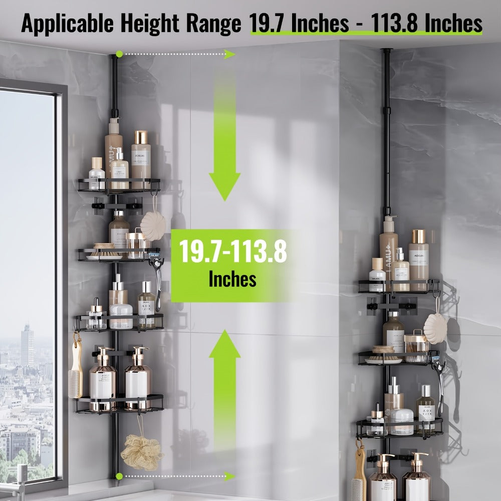 Corner Shower Caddy Tension Pole No Drilling Shower Organizer Shelf with Hooks for Bathroom Bathtub Shampoo Soap Storage Adjustable Height Rustproof