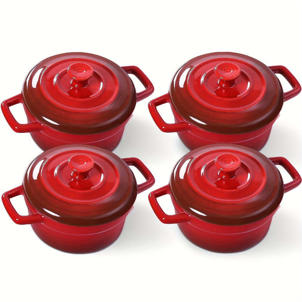 Mini Cocotte Ceramic Casserole Dishes Set of 4 with Lids and Handles - 12oz Oven Safe Baking Ramekins Microwave Dishwasher Safe Cookware