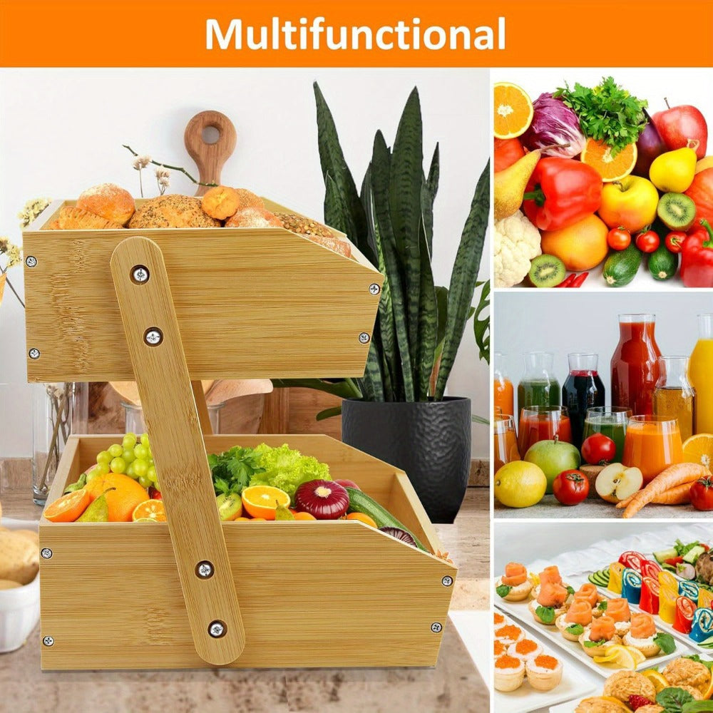 Bamboo Fruit Storage Rack 2-3 Tier with Hooks, Kitchen Counter Organizer for Fruits Vegetables Bread Spices, Freestanding Shelf Basket Display Stand