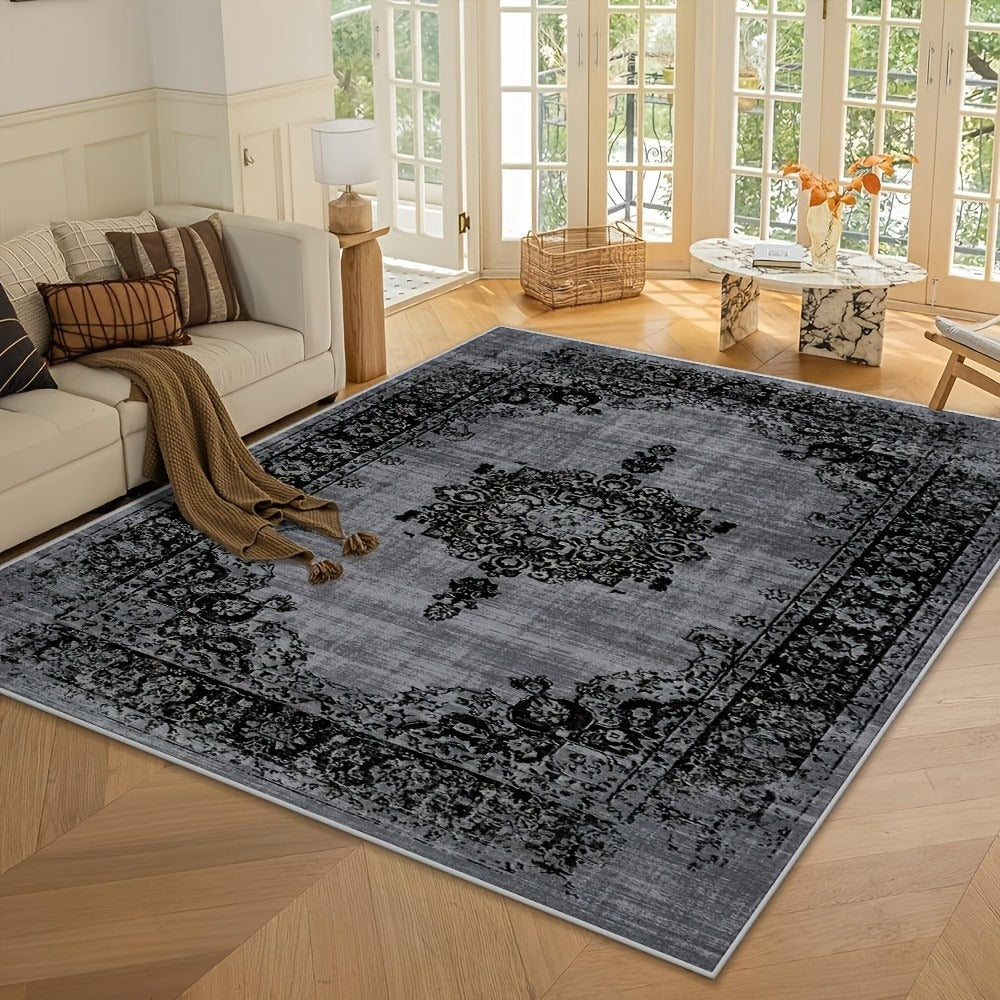 Velvet Floral Bohemian Area Rug - Low Pile Machine Washable Non-Slip Carpet for Living Room Bedroom Office Geometric Pattern