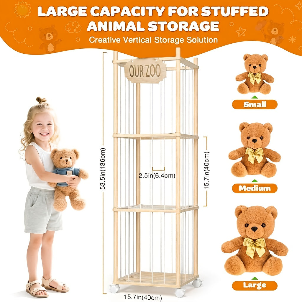 Stuffed Animal Storage Tower Wooden Zoo Cage Design Large Plush Toy Organizer Holder for Kids Playroom Bedroom No-Tool Assembly Boys Girls Gift