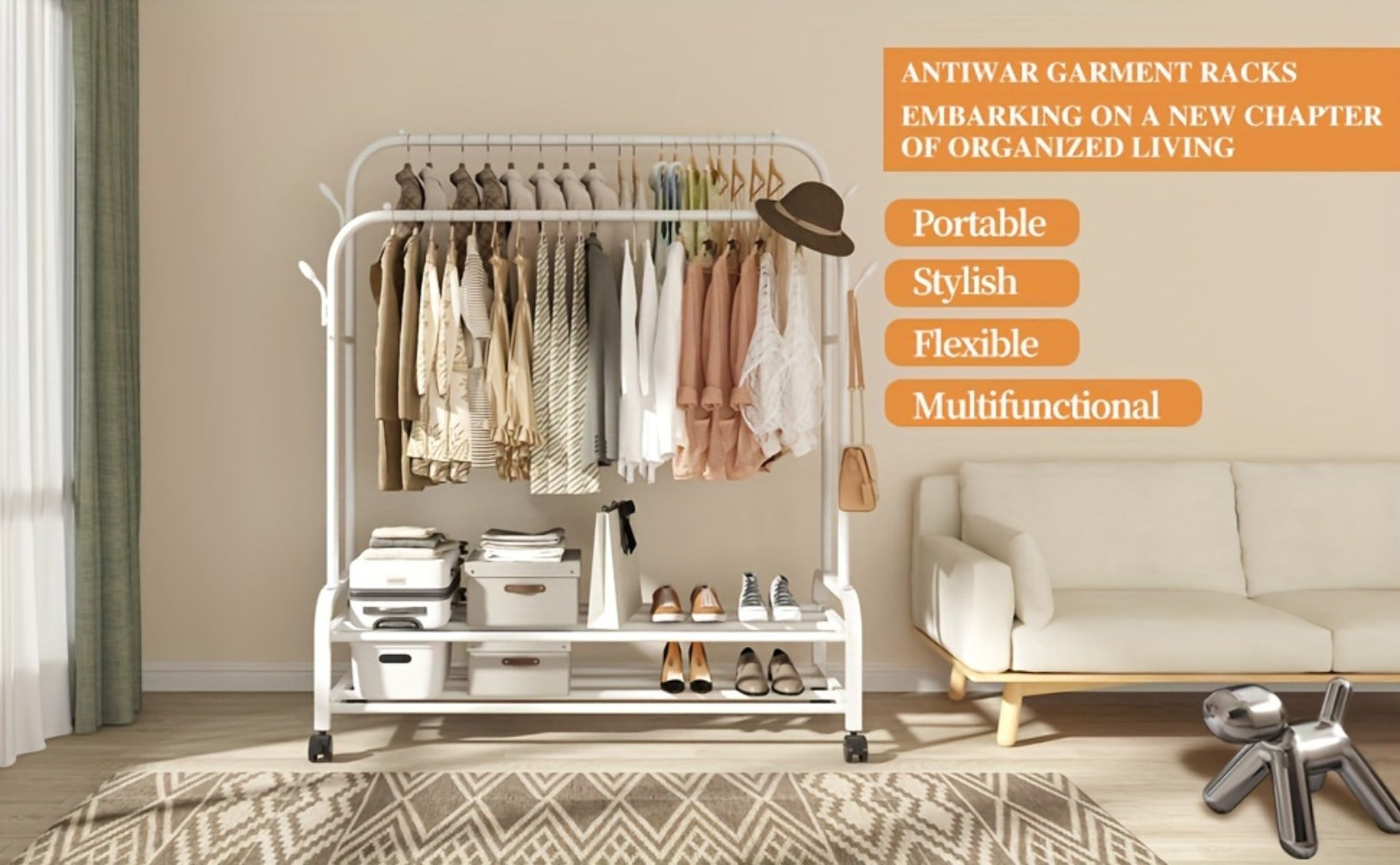 Double Rod Clothes Rack with Wheels Metal Heavy Duty Garment Rack with Shelves and Hooks Portable Closet Organizer for Bedroom Living Room Gold
