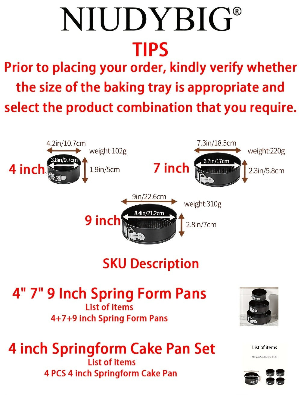 Springform Cake Pan Set, Nonstick Carbon Steel Cheesecake Pan with Removable Bottom & Locking Latch, Round Springform Pan for Cheesecake Pizza Quiche Mousse, 4-Inch Set or 4¡±/7¡±/9¡± 3-Piece Set
