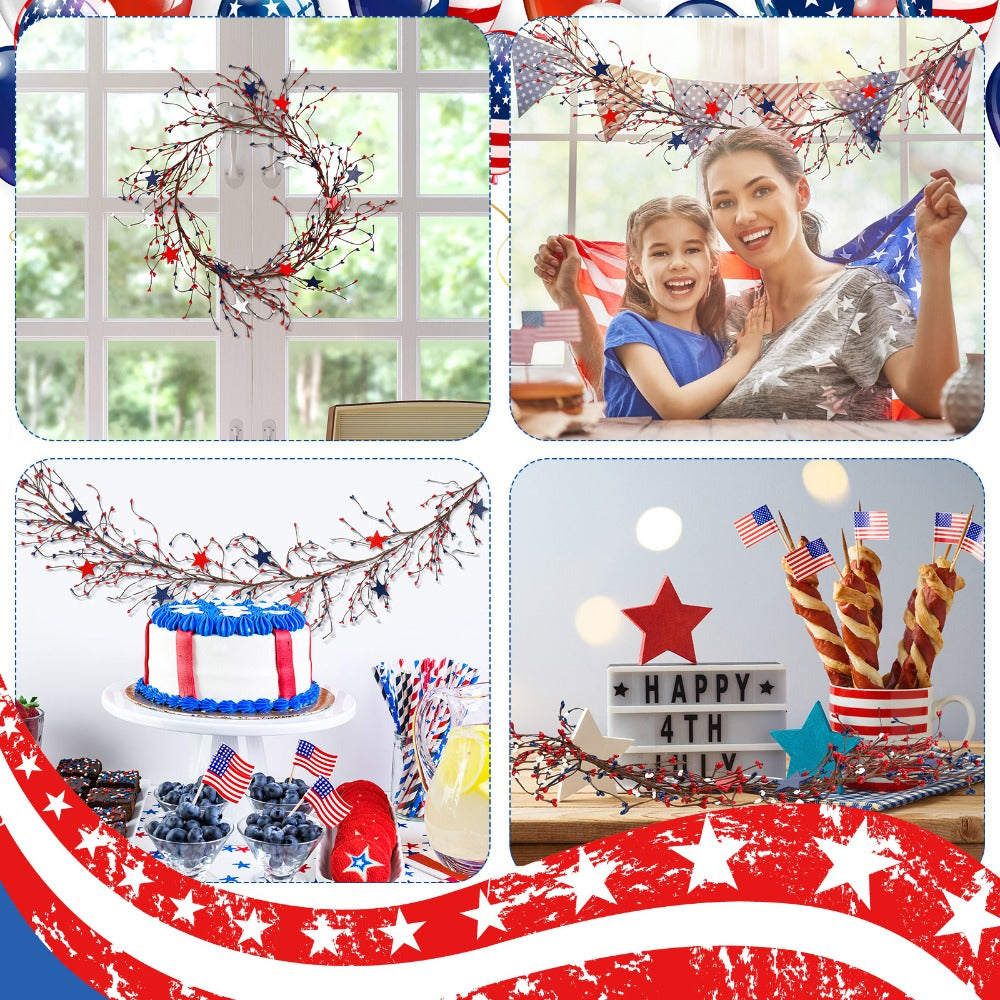 4th of July Garland with Fairy Lights 4.5Ft Patriotic Red White Blue Garland with 30 LED Lights Metal Stars Berry Branches Independence Day Door Decor Mantle Wreath Ornament