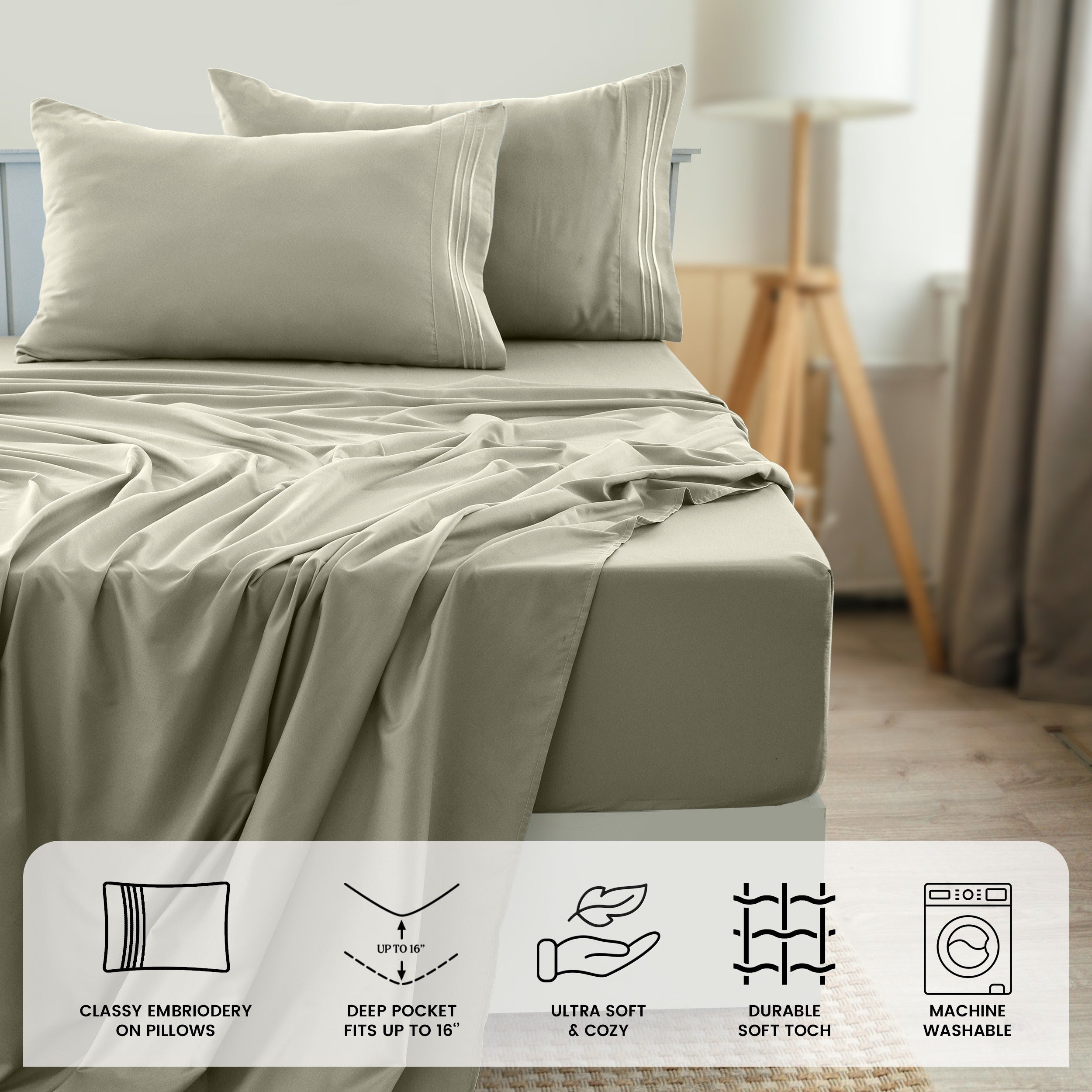 Fitted Sheet Set 6-Piece Brushed Polyester Deep Pocket Bed Sheets 20 Colors Hotel Luxury Soft Bedding with Embroidered Pillowcases