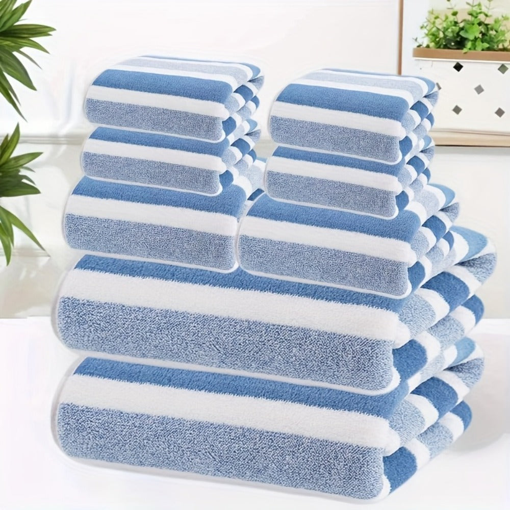 Towel Set 8 Piece Two-Color Striped - Super Absorbent Soft No Hair Loss Bath Towel Combo | 2 Bath Towels 2 Face Towels 4 Hand Towels | Grey Red Blue Green | Bathroom Family Hotel Spa Gift Set