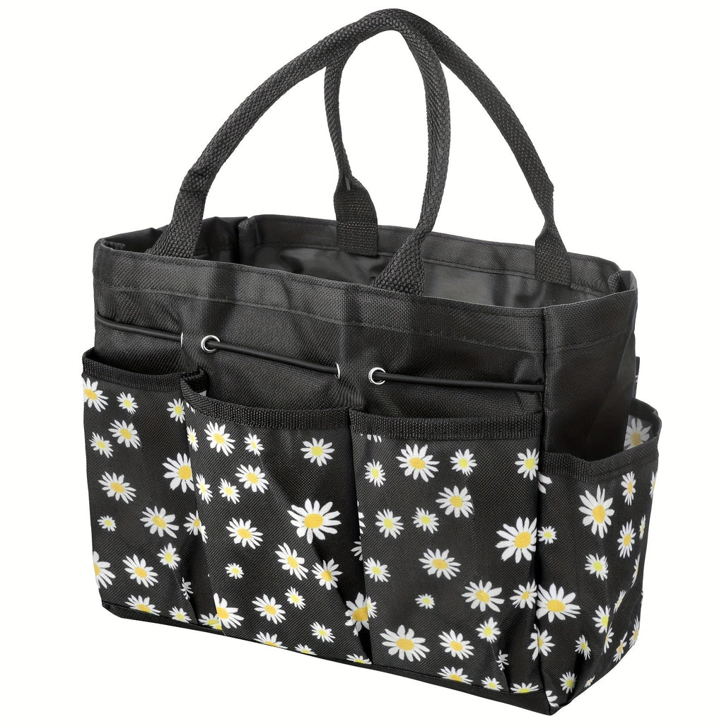 Garden Tool Bag Heavy Duty Multi-Pocket Organizer ¨C Large Capacity Tool Storage Carrier Tote for Gardening, Lawn Care, Camping & Outdoor Work, Portable Daisy Pattern, Black & Gray (No Tools Included)