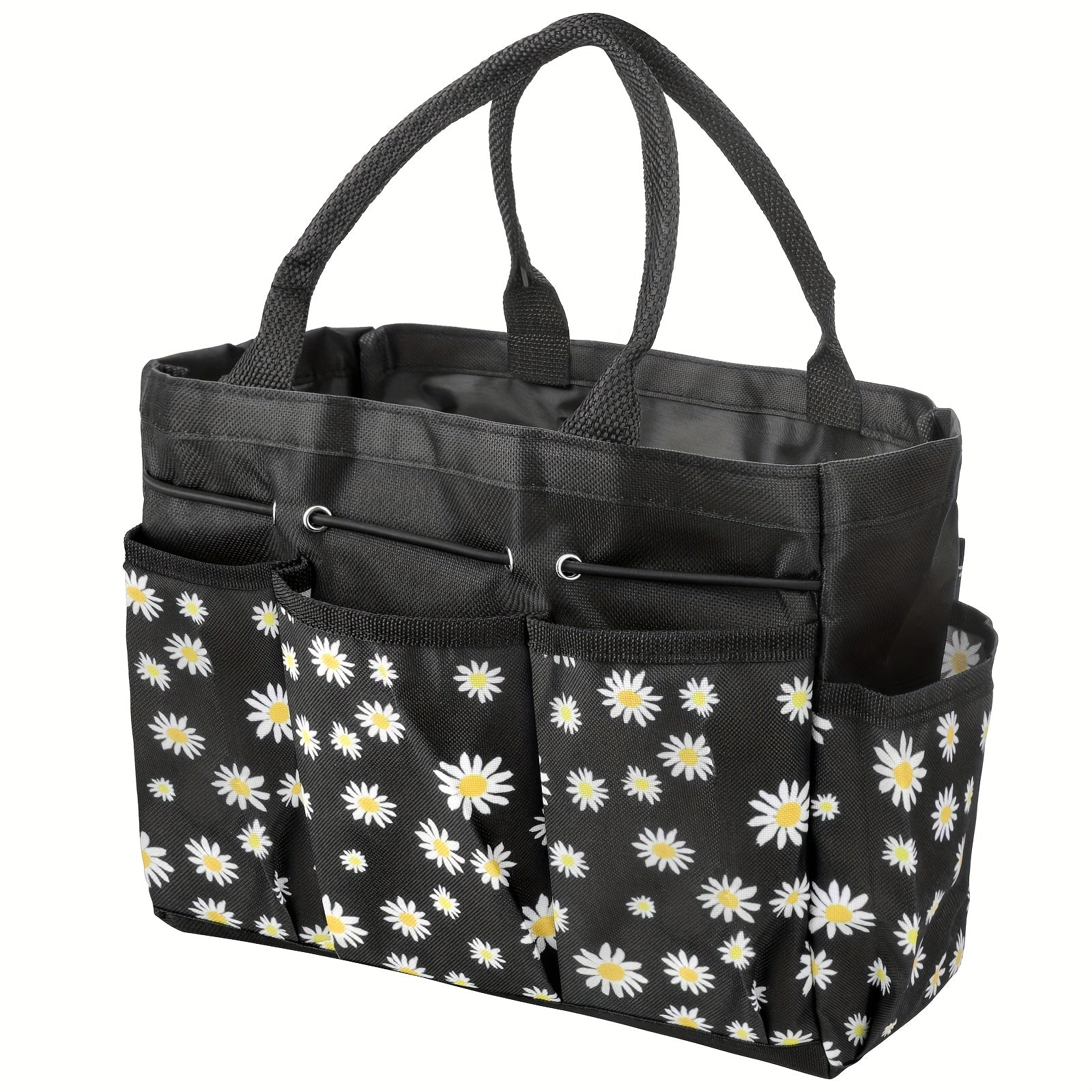 Garden Tool Bag Heavy Duty Multi-Pocket Organizer ¨C Large Capacity Tool Storage Carrier Tote for Gardening, Lawn Care, Camping & Outdoor Work, Portable Daisy Pattern, Black & Gray (No Tools Included)