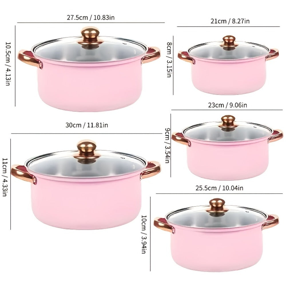 304 Stainless Steel Cookware Set with Golden Handles, 1/10/15pcs Deep Thick Soup Pot & Pan Set for Induction & Gas Stoves, Outdoor Camping & Kitchen Cooking, Pink, Silver & Orange