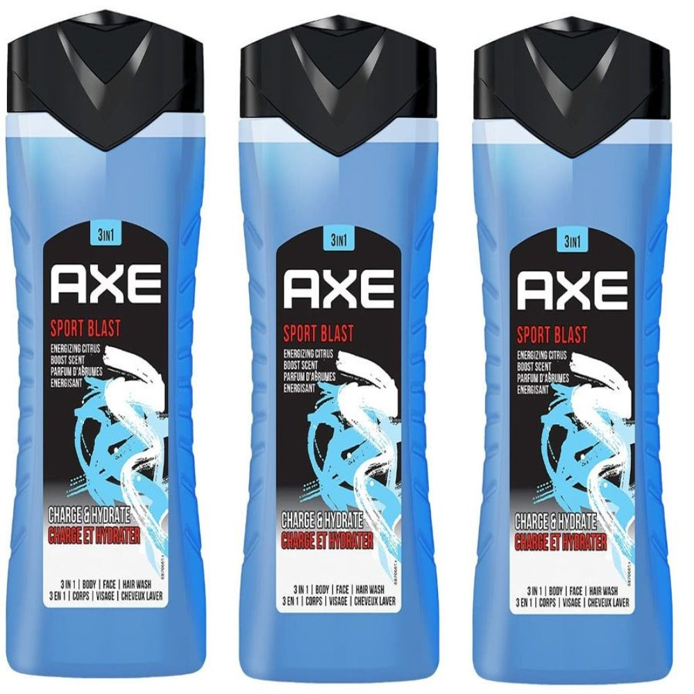 AXE Body Wash for Men 3 Pack Sport Blast Scent 250ml Each Energizing Daily Shower Gel Long Lasting Fragrance Skin Cleansing Value Set