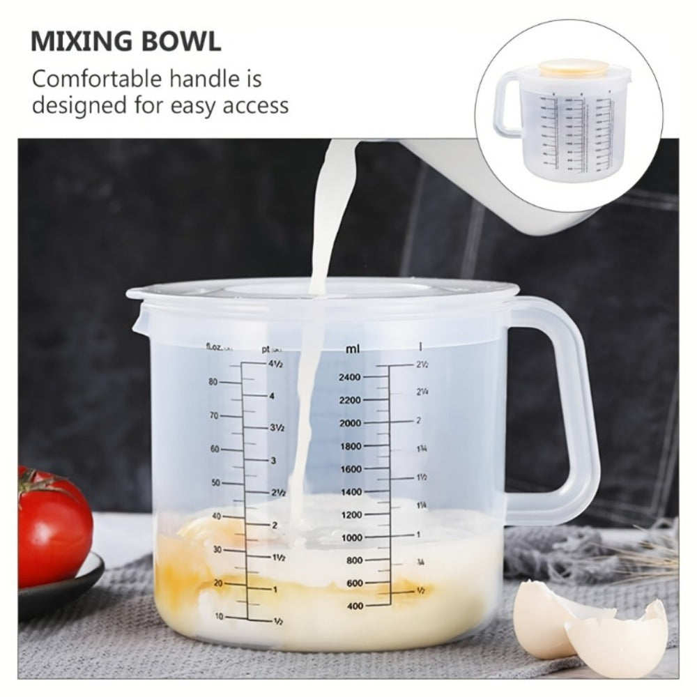 Mixing Bowl with Lid 2.5L Large Capacity Salad Bowl with Measuring Cup and Scale Splash Proof Durable Plastic Kitchen Bowl for Baking Salad Making Food Storage 84oz