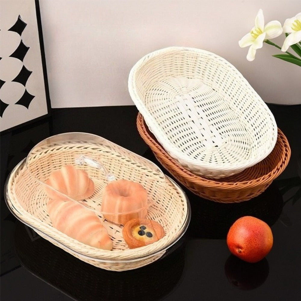 Woven Bread Basket with Lid Oval Rattan Food Basket for Serving Storage Fruits Vegetables Kitchen Dining Table Decor