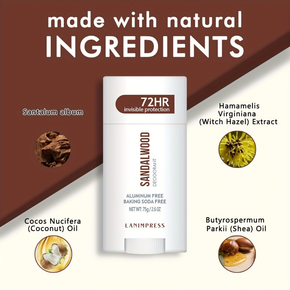 Natural Deodorant Stick Aluminum Free Baking Soda Free 72HR Invisible Protection with Witch Hazel Shea Butter Unisex Sandalwood Lavender Peach Charcoal 75g