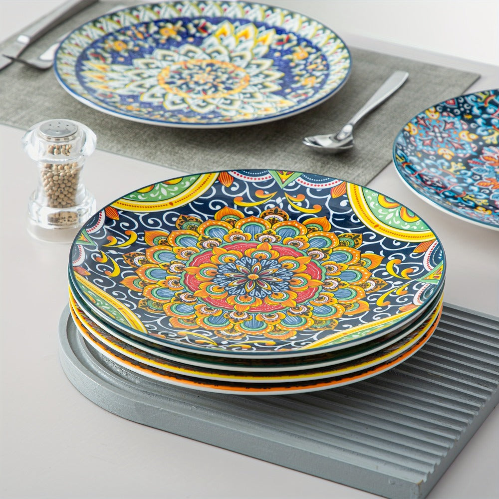 Bohemian Dinner Plates Set of 6 ¨C 10.5 Inch Colorful Stoneware Plate Set Microwave Dishwasher Safe Scratch Resistant Porcelain Dinnerware for Home Restaurant Cafe Boho Kitchen Decor Gift