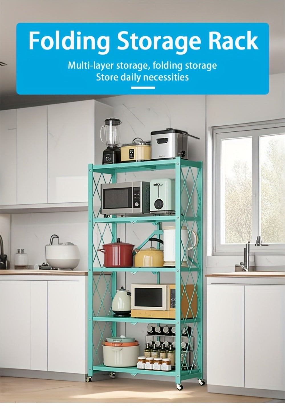 Foldable Storage Rack with Lockable Wheels 3 4 5 Tier Carbon Steel No Assembly Space Saving Floor Standing Shelf for Bedroom Balcony Garden