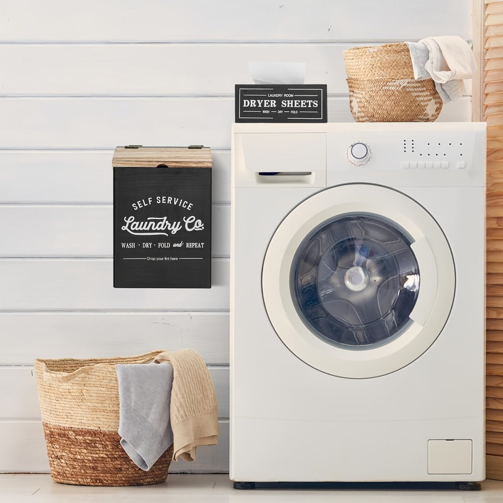 Magnetic Lint Holder & Dryer Sheet Dispenser 2-Pack, Farmhouse Wooden Lint Trash Can with Lid for Dryer, Wall Mount Dryer Sheet Box Organizer for Laundry Room Decor, Magnetic Laundry Organizer Set