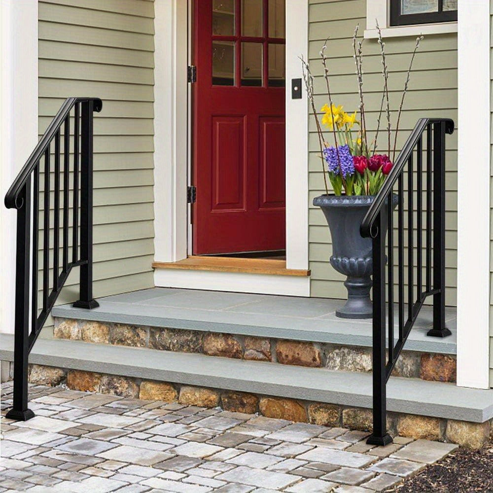 Wrought Iron Stair Handrail for 2-3 Steps - Matte Black & White Powder Coated Iron Picket Railing with Stainless Steel Post Mounts, Indoor Outdoor Home Safety Grab Bar & Accessibility Rail