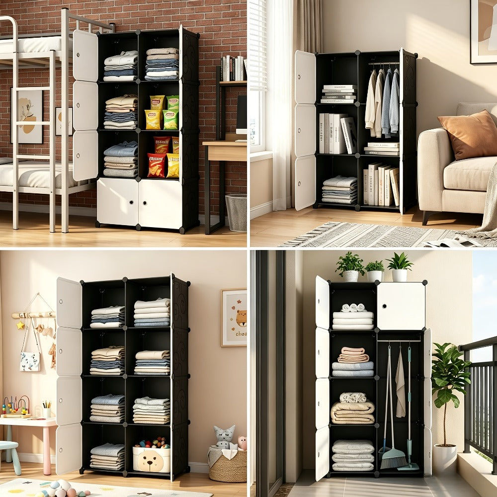 Modular Storage Cabinet with Magnetic Door, 3-Tier & 4-Tier Closet Organizer, Large Capacity Wardrobe Storage Unit, Dust-Proof Odor-Free Stackable Shelves, Easy Assembly for Bedroom Dorm Apartment Living Room