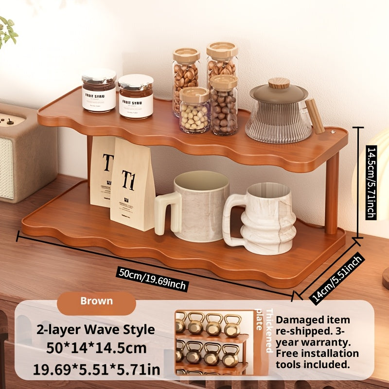 Ladder Cup Holder Rack 2-3 Tier Wave Style | Countertop Organizer for Coffee Mugs Teacups Water Glasses | Kitchen Counter Dining Table Entryway Dessert Display Shelf Brown
