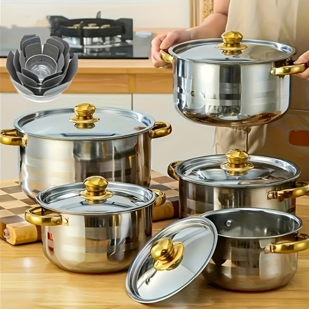 Stainless Steel Cookware Set 10 12 15 Piece Pots with Lids Double Handles Cooking Pot Set for Soup Hot Pot Noodles Pasta Home and Restaurant Kitchen Multiple Colors and Sizes Available