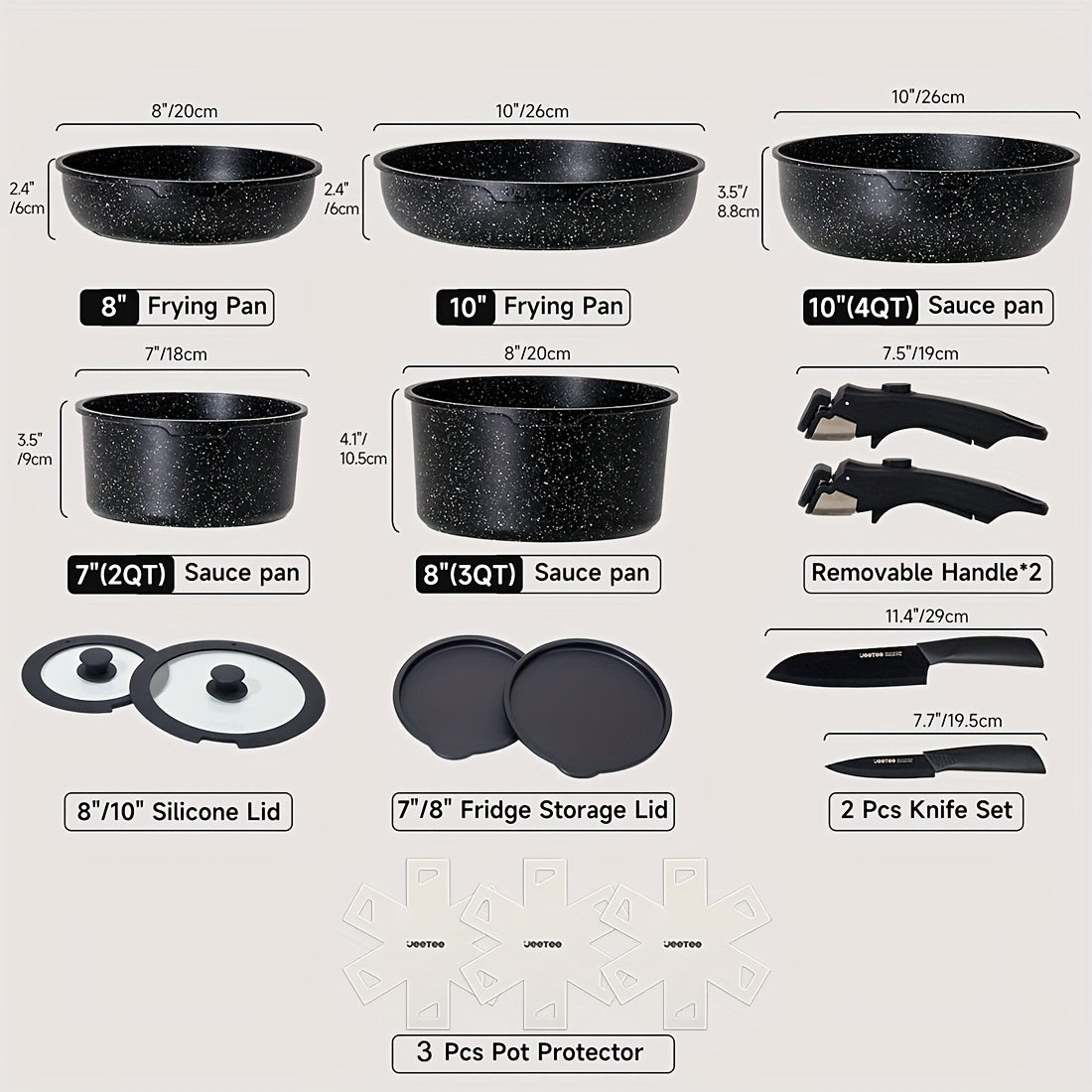 Detachable Handle Cookware Set 16 & 26 Piece Non-Stick PFOA-Free ¨C Stackable Space-Saving Pots and Pans | Oven Safe 480¡ãF Induction Compatible | RV Camping Kitchen Cooking Set in Black & Beige