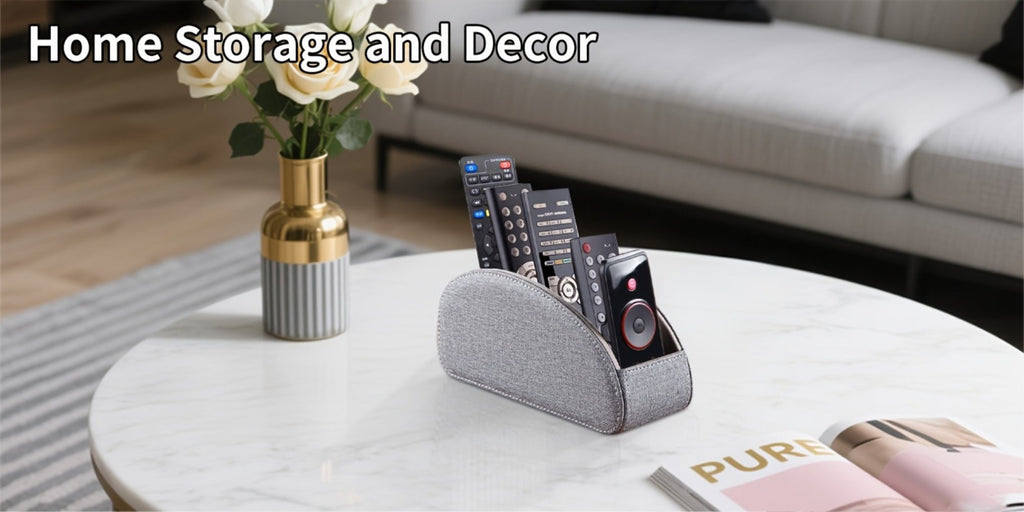 Faux Leather Desktop Organizer 5 Compartments ¨C Multifunctional Remote Control Holder Caddy, Pen Holder Storage Box for Remote Controls, Pens, Eyeglasses, Makeup Brushes & Office Stationery, 10 Styles