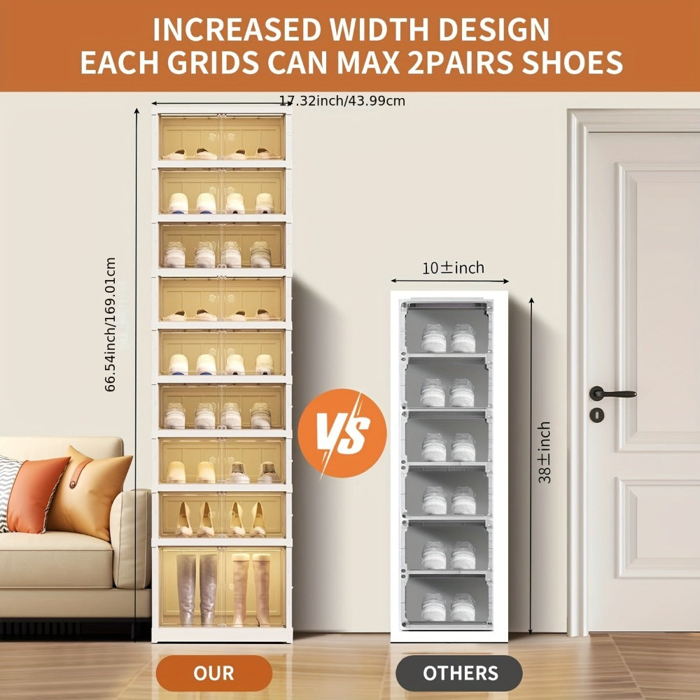 Shoe Rack Organizer 9-Tier, Collapsible Clear Plastic Foldable Stackable Shoe Cabinet with Shelves & Doors ¡ª No Assembly, Space-Saving Narrow Storage for Hallway, Apartment & Small Spaces