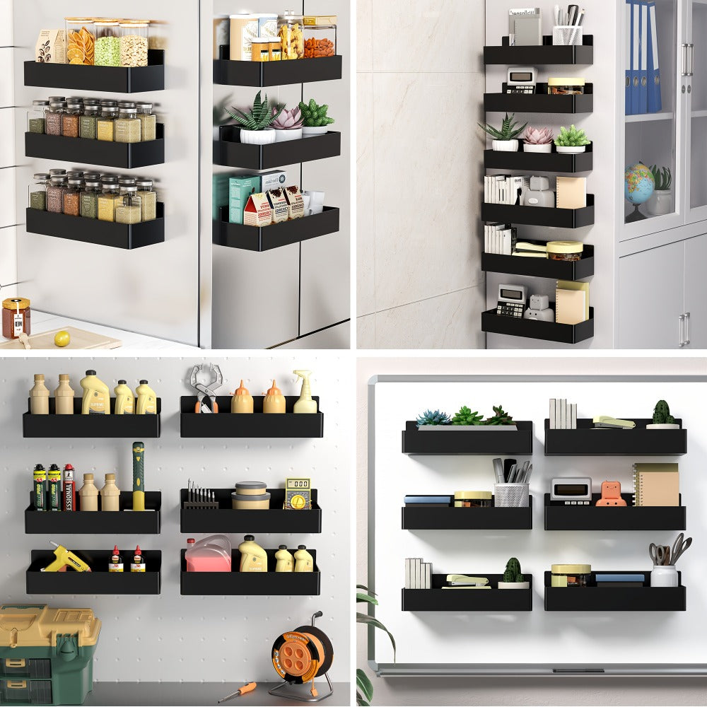 Magnetic Spice Rack Wall Mounted No Drill 6-Piece Set Heavy Duty Magnetic Storage Shelf for Refrigerator Microwave Washer Dishwasher - Kitchen Bathroom Coffee Bar Organizer Black White