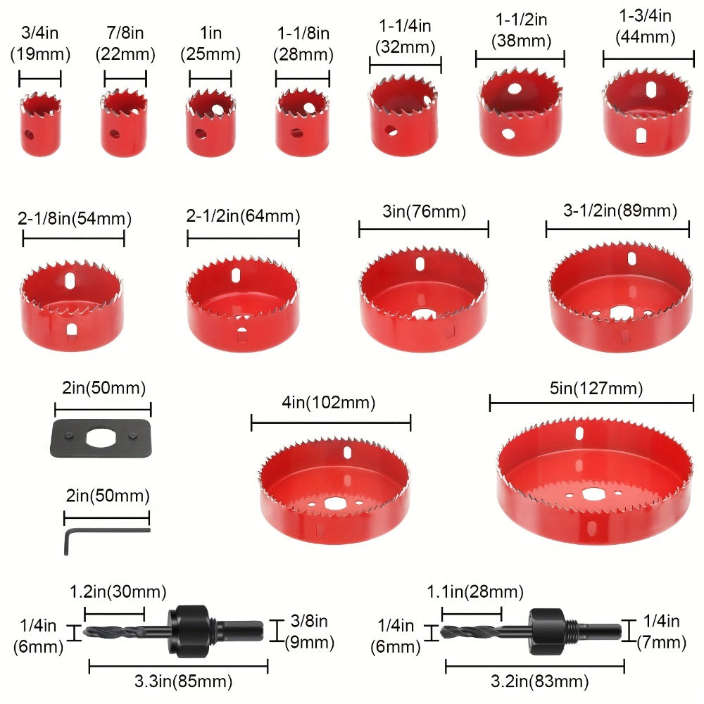 Carbon Steel Hole Saw Kit Multi-Size with Mandrels & Hex Key ¨C Heavy Duty Quick-Change Hole Cutter Set for Wood PVC Drywall Cornhole Board & Soft Metal