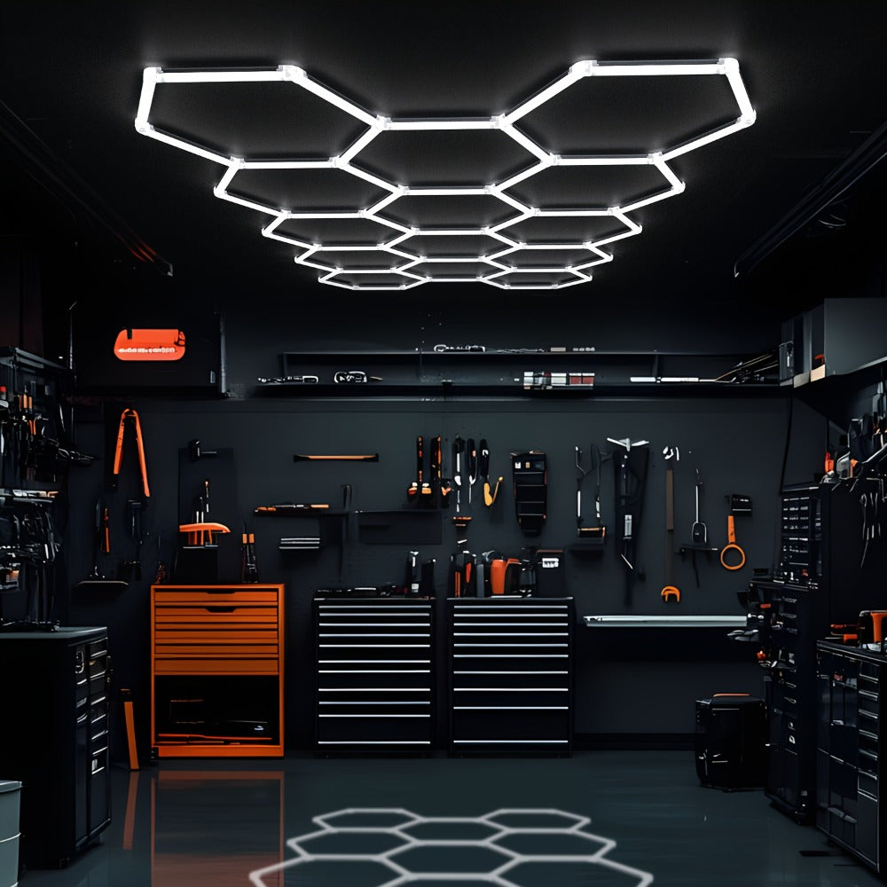 LED Hexagonal Garage Light 6500K ¨C Super Bright Daylight White Shop Light 42W¨C620W for Auto Detailing, Warehouse, Workshop, Basement & Gym (1 to 32 Grids, Hex Frame Available)