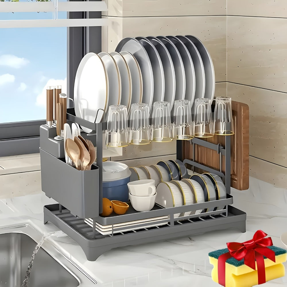 Two-Tier Dish Drying Rack with Drainboard - Metal Kitchen Dish Holder with Drainage for Countertop, Two-Level Dish Drainer for Plates, Cups & Utensils, Single or Double Layer, Black White Gray