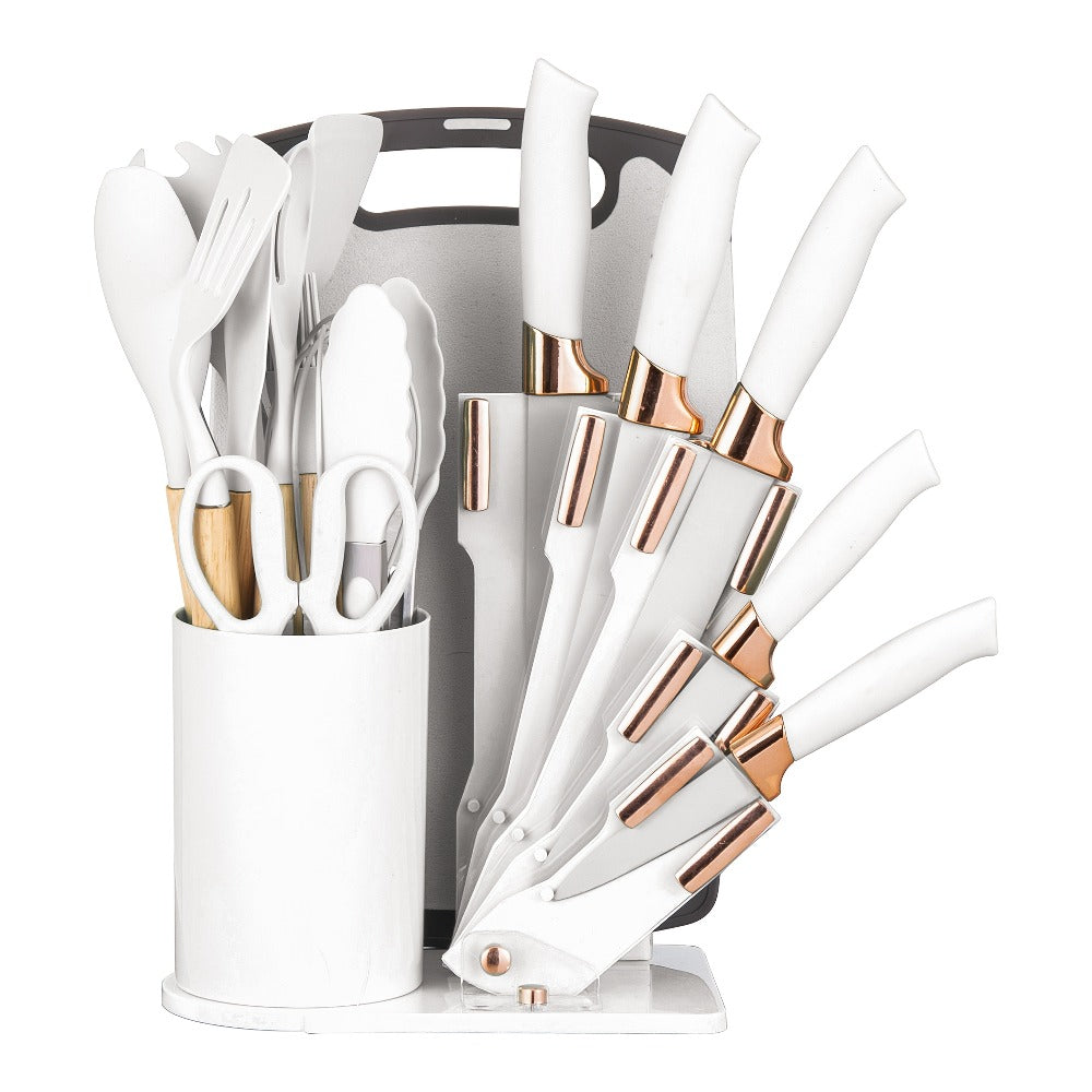 19-Piece Kitchen Knife & Utensil Set with Wooden Handles, Non-Stick Blades, Silicone Cooking Tools, Cutting Board, Scissors & Holder