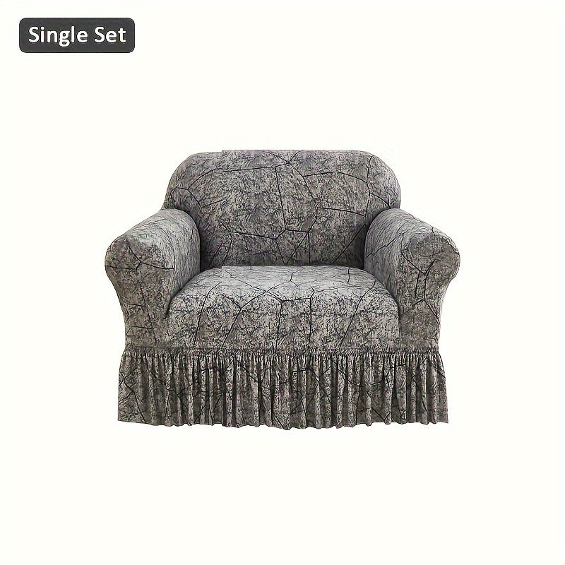 Printed Elastic Skirt Sofa Cover Modern Hem Design Stretch Sofa Slipcover Protective Furniture Cover for Living Room Single 2 3 4 Seater Machine Washable