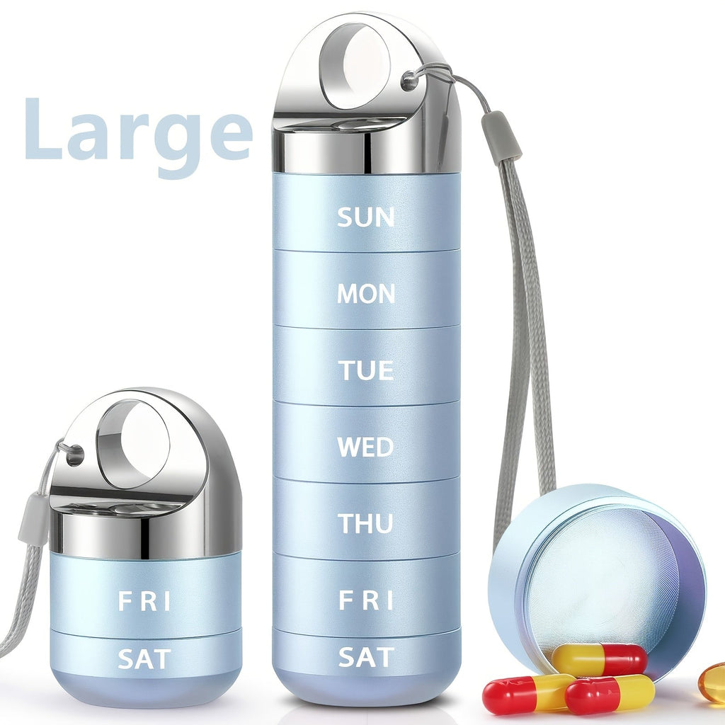 Weekly Pill Organizer Waterproof, Large Aluminum Alloy 7-Day Pill Box for Medications Vitamins Supplements, Portable Travel Pill Case, Blue Black Pink Gray Purple