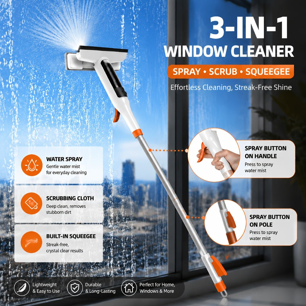 3-in-1 Glass Cleaning Kit with Durable Metal Pole & Scraper, Window Cleaner Tool for High Windows Shower Doors Car Windshields, Home Glass Cleaning Squeegee Set