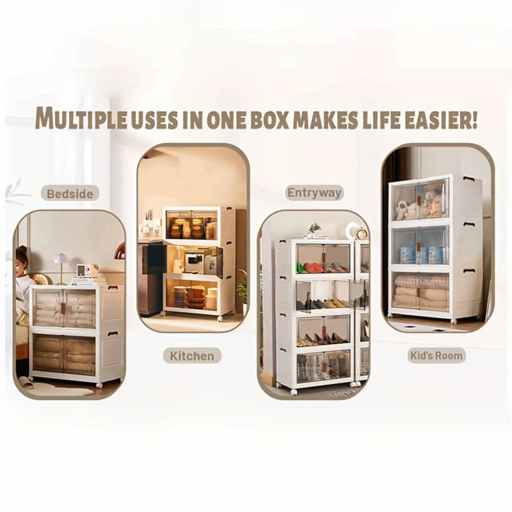 Stackable Storage Cabinet with Doors and Wheels | Collapsible Plastic Locker 1-5 Layers Large Capacity Home Organization for Bedroom Living Room Kitchen Easy Assembly Space Saving