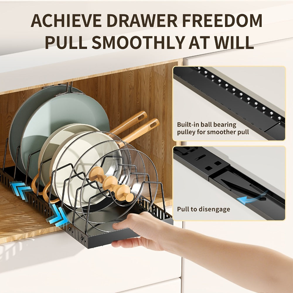 Pull Out Pot and Pan Organizer for Cabinet - Sliding Lid Rack with 8 Adjustable Dividers for Kitchen Cabinet Storage, Drill-Free Installation Pan Holder for Lids Baking Sheets and Cookware, Available in 1 or 2 Pack in Black or White