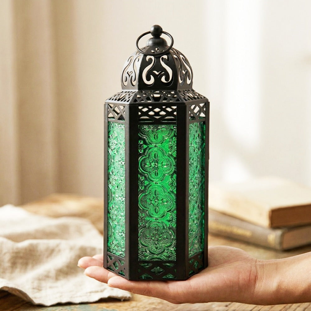 Moroccan Candle Lantern Holder - Decorative Metal & Glass Lantern with Embossed Floral Design for Indoor Home Decor, Garden, Patio, Weddings, Ramadan, Halloween & Holiday Celebrations - 10.5¡± Tall Medium Size