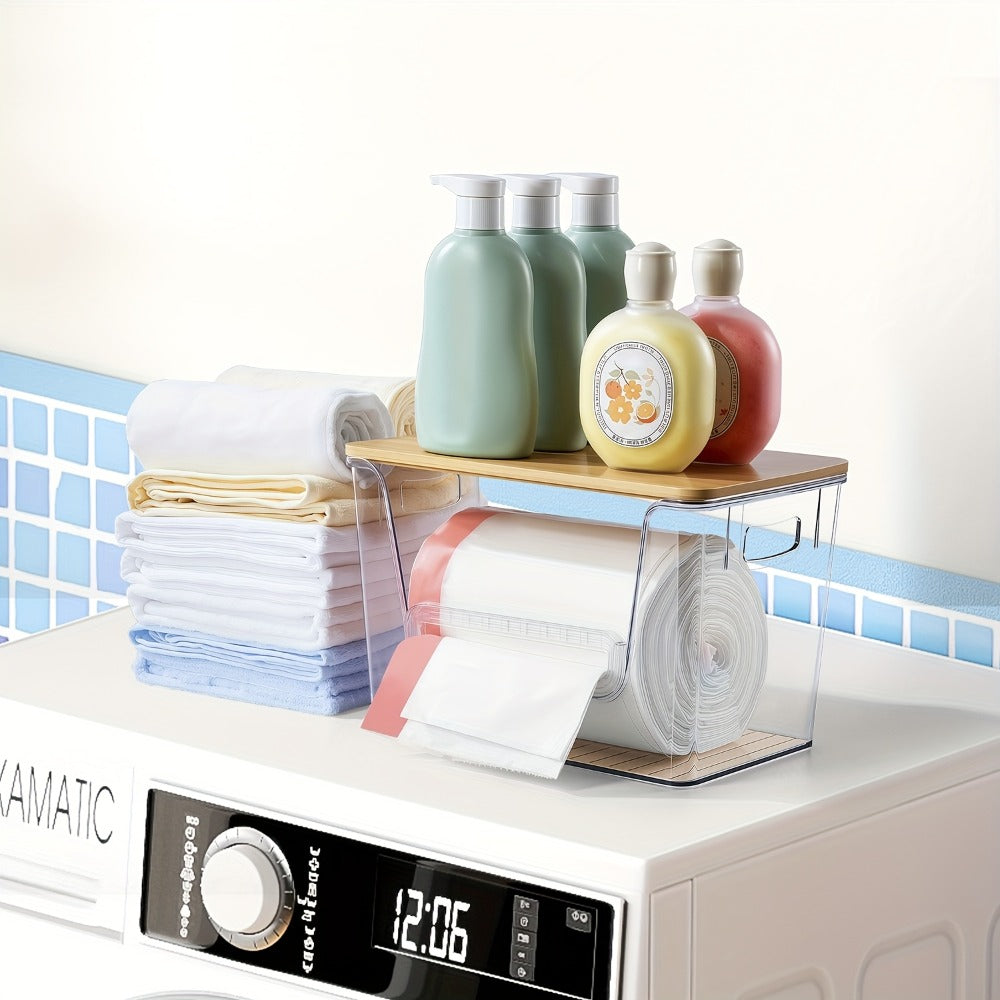 Clear Acrylic Trash Bag Dispenser Stackable with Bamboo Lid Extra Large Kitchen Organizer for Under Sink Laundry Room Pantry Holds 13 30 33 Gallon Bags 1 2 or 4 Pack