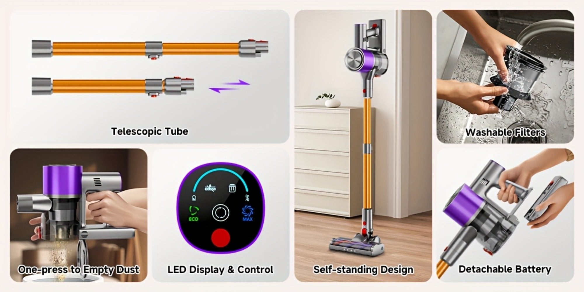 Cordless Vacuum Cleaner 58Kpa Strong Suction 6-in-1 Rechargeable Stick Vacuum with LED Electric Floor Brush Self-Standing Handheld Lightweight for Carpet Hard Floor Pet Hair Home Car