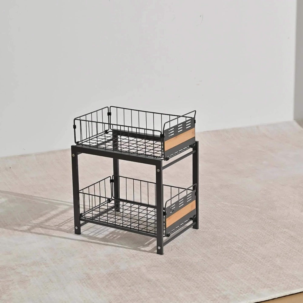 Under Sink Organizer Pull-Out Storage Rack - 2-Tier Carbon Steel Cabinet Shelf with Wire Baskets & Wood Accents, Space-Saving Kitchen Organizer for Dishes, Cleaning Supplies, Pantry, Bathroom