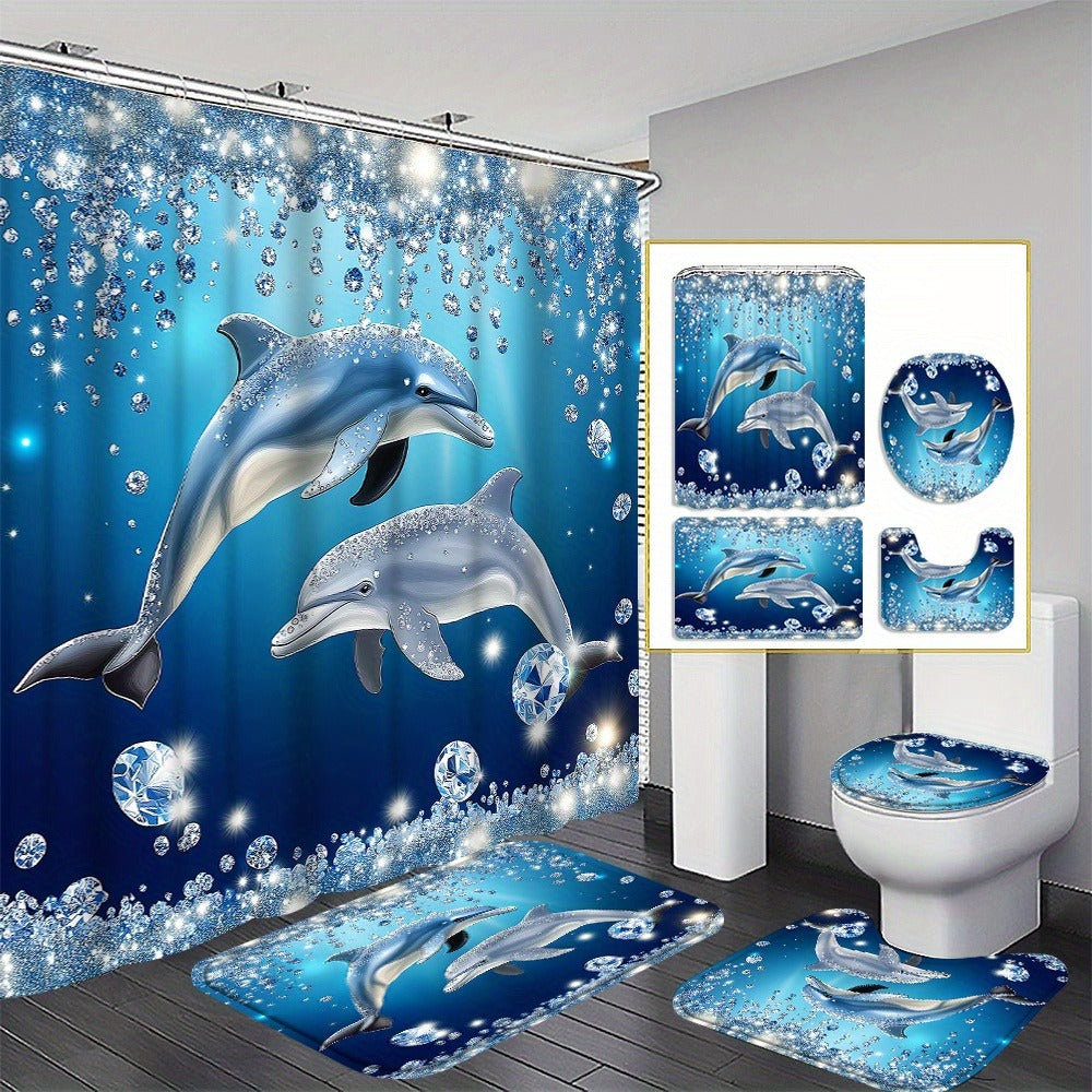 4pcs Dolphin Shower Curtain Set with Non-Slip Bath Mat, Toilet Rug & 12 Hooks ¨C Waterproof Bathroom Decor Gift Set