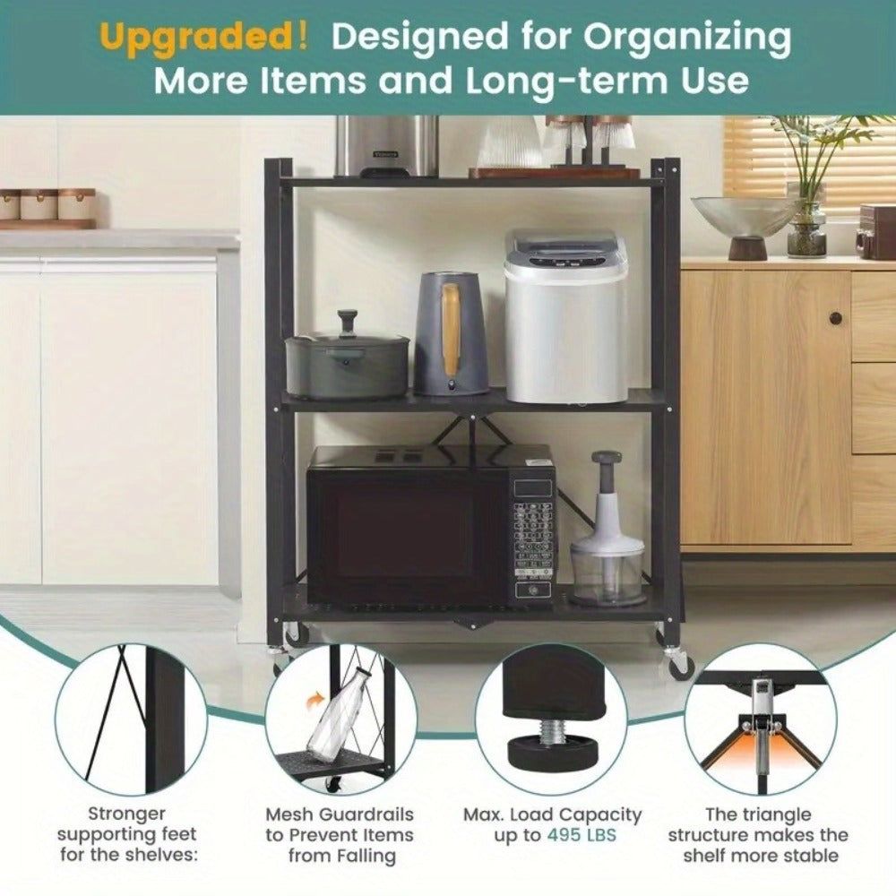 Heavy Duty Storage Rack with Wheels 3-Layer Foldable Metal Shelving Unit 750 LBS Capacity, Rolling Utility Cart for Garage Kitchen Pantry Closet, Movable Black Metal Storage Shelf