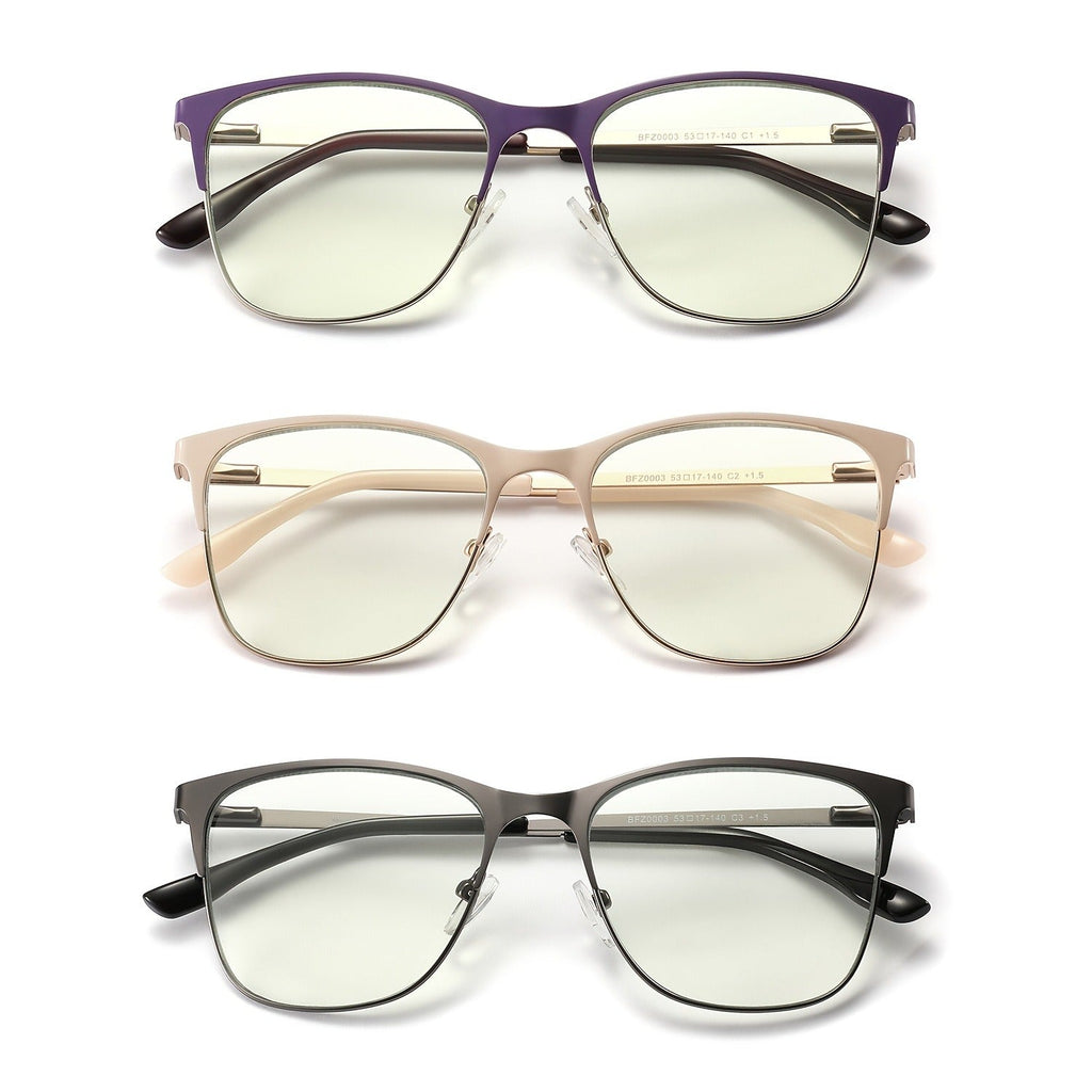 Anti Blue Light Reading Glasses 3 Pack Metal Frame Rectangular Readers ¨C Polycarbonate Lenses, Spring Hinges, Unisex Men Women Mixed Colors, Multiple Magnification Strengths for Reading and Screen Use