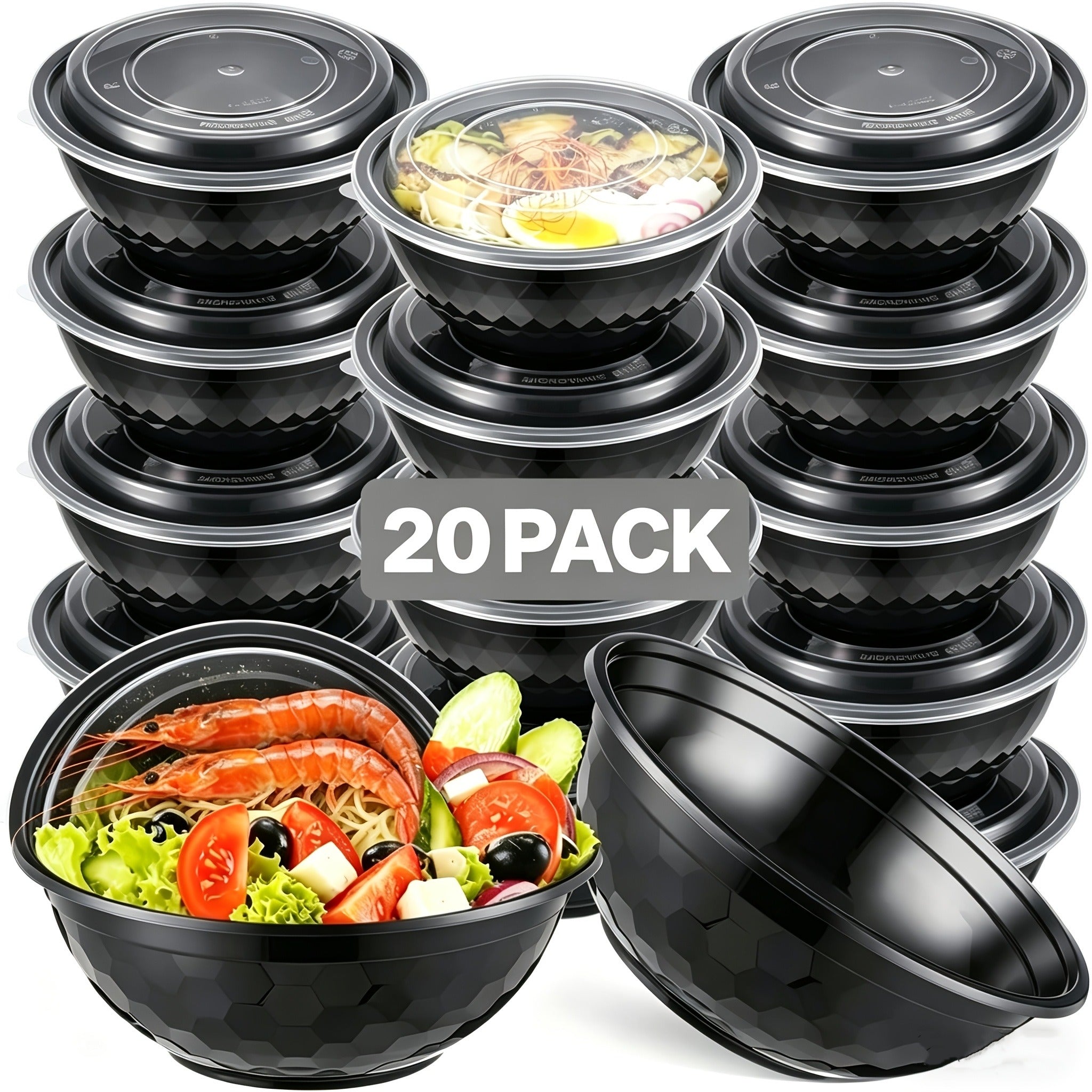 Salad Bowls with Lids 36oz Black Diamond Shape Disposable Leak-Proof Food Storage Containers Plastic Lunch Boxes for Restaurant Takeout Meal Prep 20 to 150 Sets