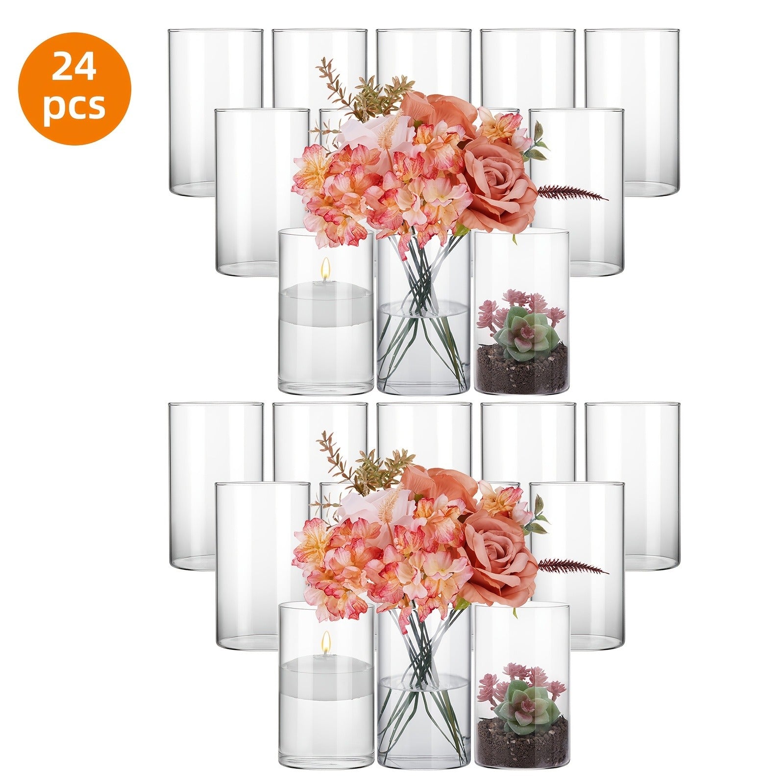 Glass Cylinder Vases for Centerpieces Bulk 12/24pcs ¨C Clear Flower Vases for Wedding Decorations, Floral Arrangements, Home, Restaurant & Party Table Decor, 6x3.4in