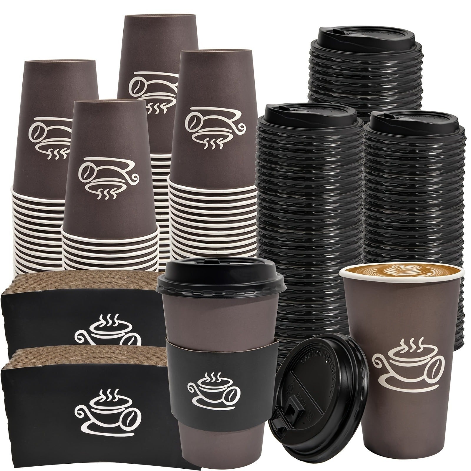 Disposable Paper Coffee Cups 50 Pack 16oz with Lids Sleeves Stirrers Hot Cold Beverage Cup for Coffee Tea Juice Home Office Cafe